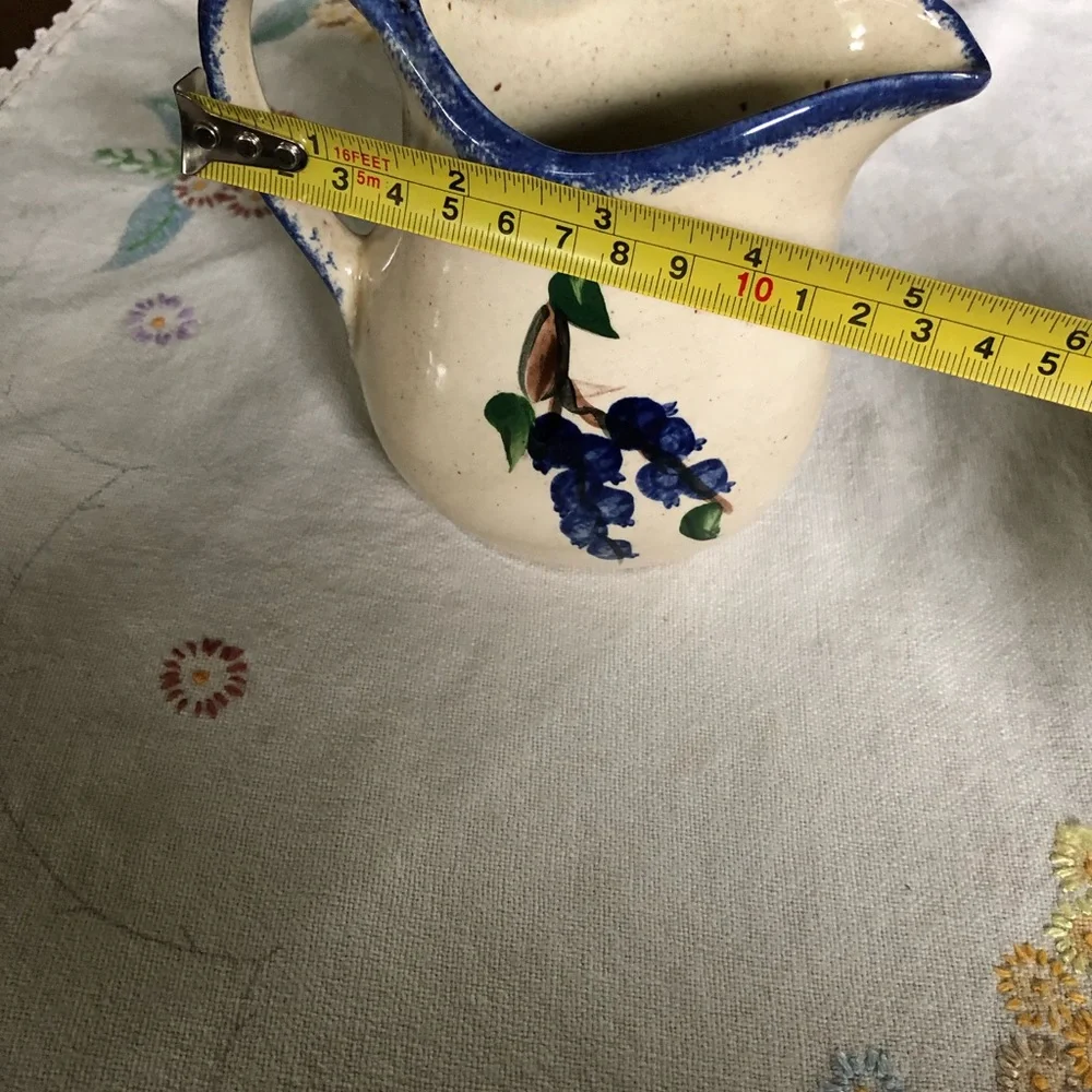 Vintage Small Handpainted Ceramic Pitcher. Blueberries on Cream Background. 5